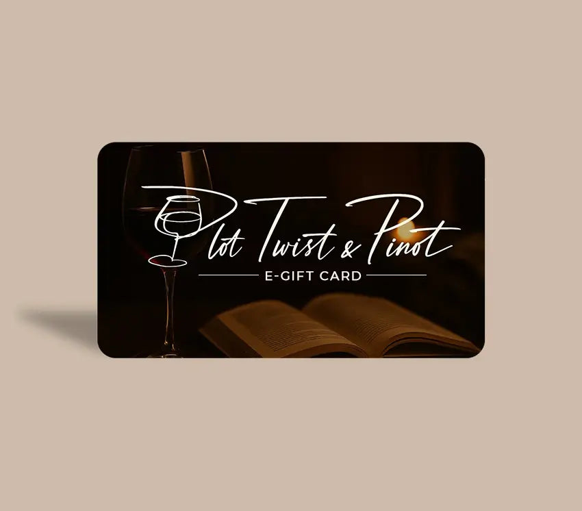 E-gift card with 'Plot Twist & Pinot' branding on a dark background with a pinot wine glass and open book.